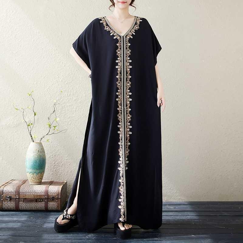 Solid Heavy Embroidery Plus Size Loose V-Neck Pullover Bohemian Vacation Solid Color Long Dresses