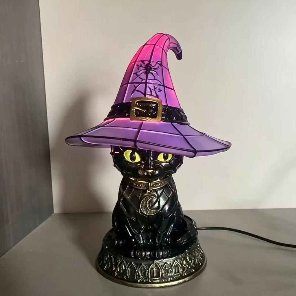 Black Cat Witch Hat Lamp Decorative Gift Halloween Lighting Decor Gothic Night Light