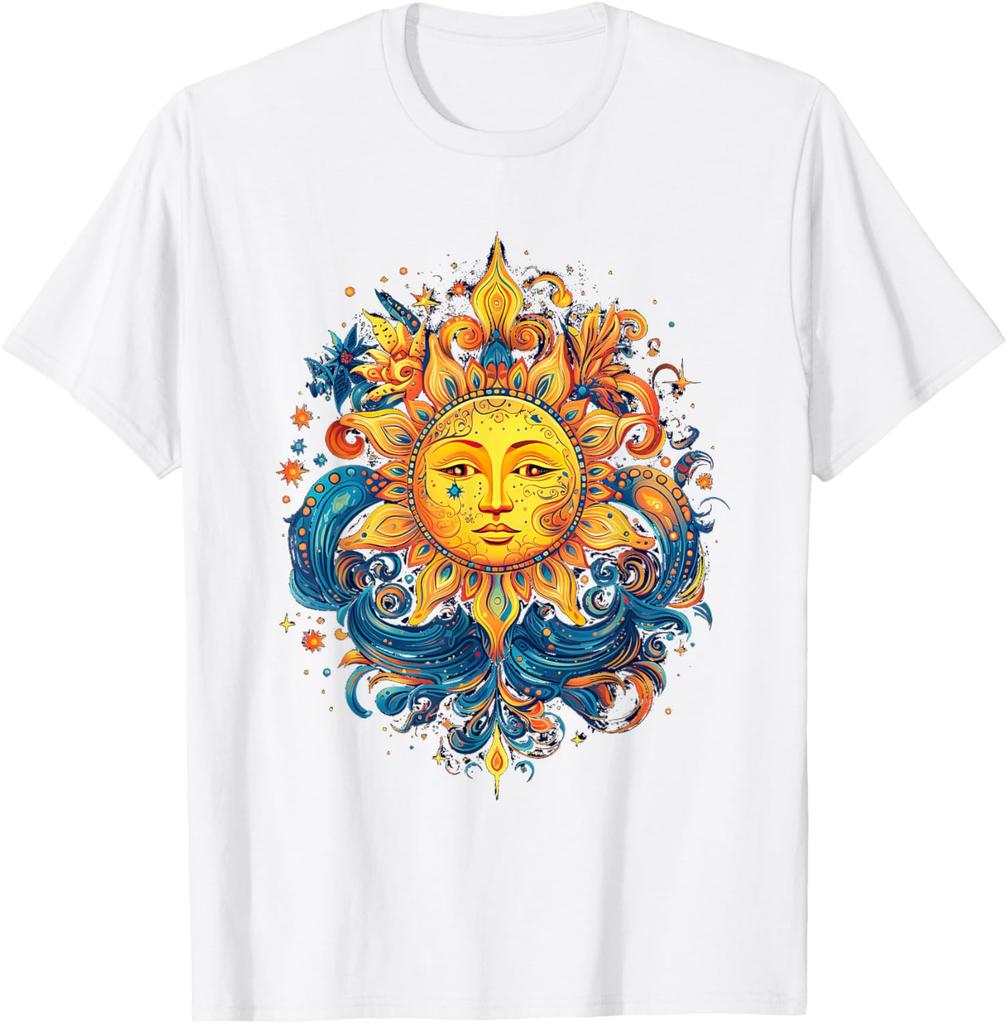 Mystical Sun Face Graphic Tee Men Casual Cotton Round Neck Vintage Aesthetic Print T-Shirt