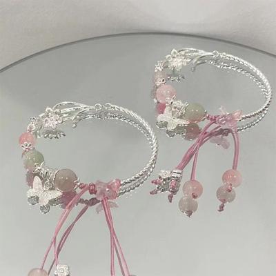 Pink Sakura Butterfly  Beads Bracelet For Women Tassel Charm Bracelet Girl Party  Jewelry Gift
