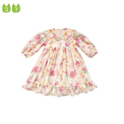 Mori Style Girls' Dress Doll Collar Printed Princess Dress Children's Chiffon Floral Dress