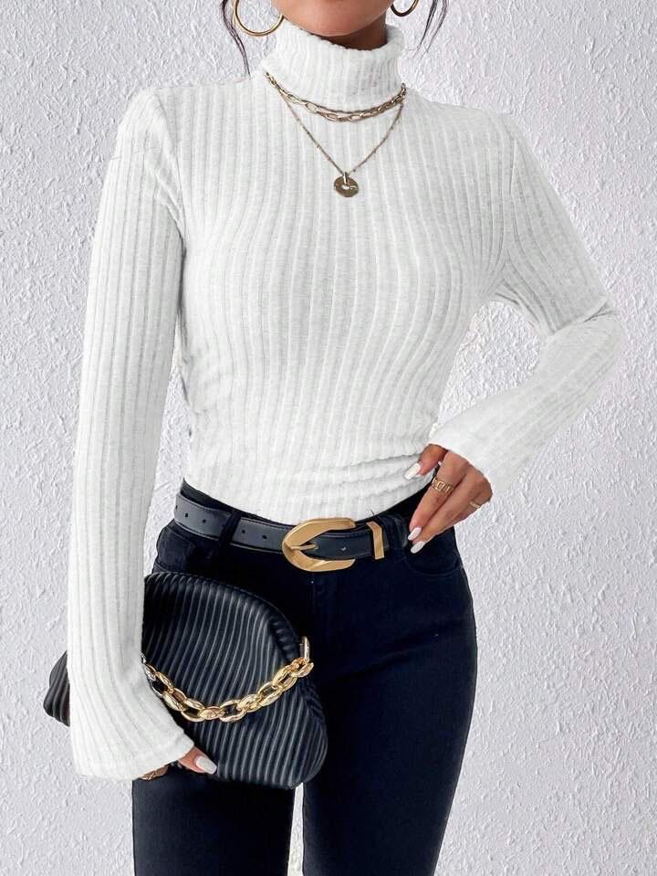2024 Autumn/Winter High Neck V-Neck Long Sleeve Ribbed Knit Top