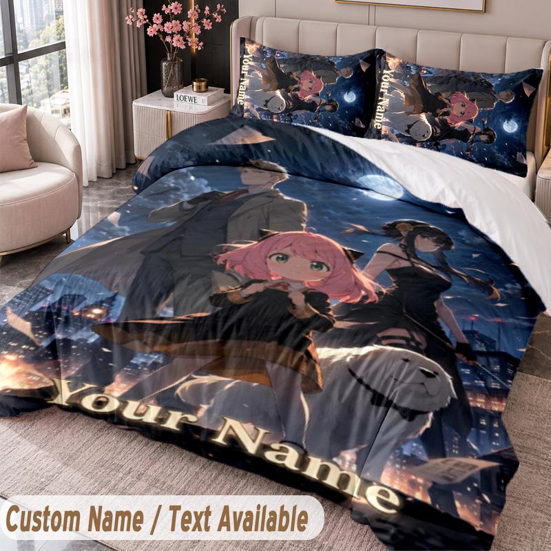 Custom Name Text 3Pcs Bedding Set Spy × Family Duvet Cover And Two Pillowcases