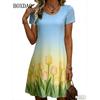 Women's Mini Dress Summer Fashion Gradient Floral Graphic Short Sleeve Dress Casual Round Neck Flower Printed Loose Female Dress