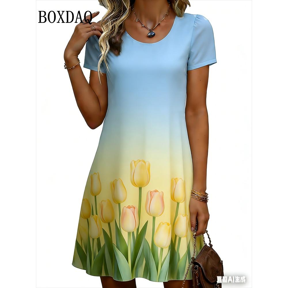 

Women s Mini Dress Summer Fashion Gradient Floral Graphic Short Sleeve Dress Casual Round Neck Flower Printed Loose Female Dress S