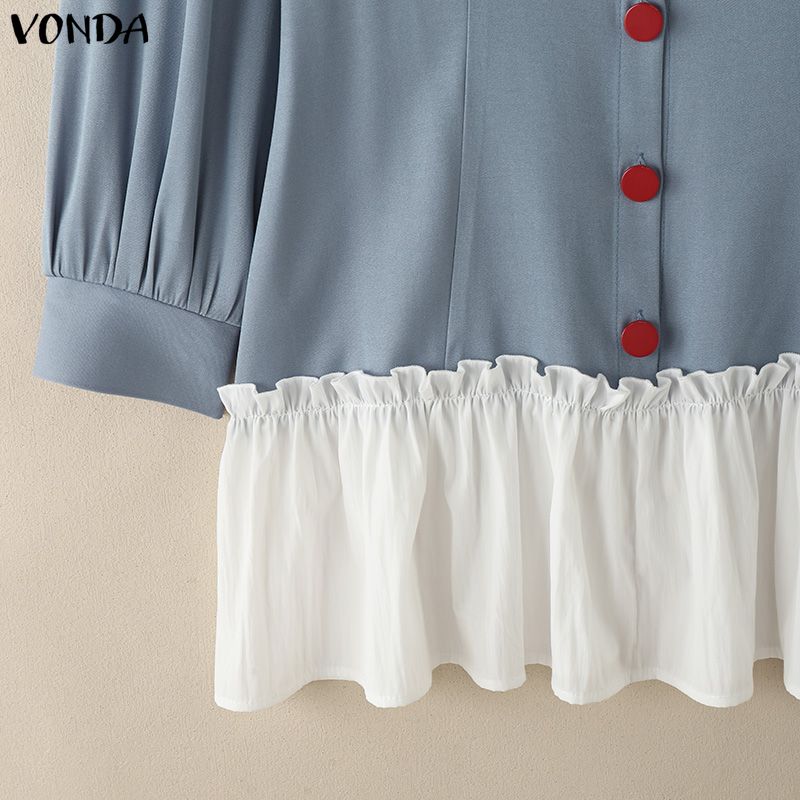 VONDA Women Casual Round Neck Puff Sleeve Patchwork Ruffled Hem Mini Dress