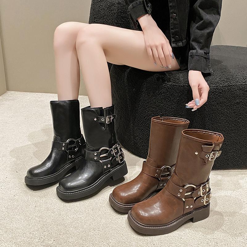 New Autumn Women's Mid-tube Boots Round Head Metal Decoration Medium Heel Fashion Boots Outdoor Leisure All-match Women's Boots