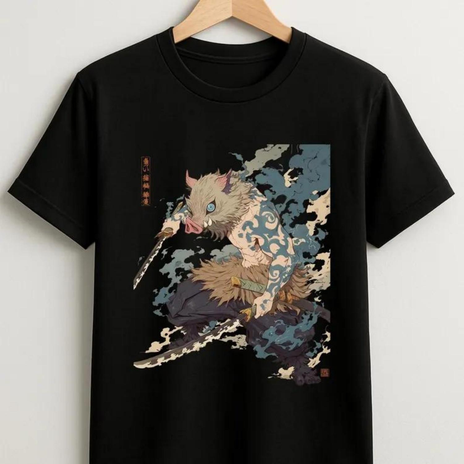 

Demon Slayer Japanese Anime 2026 Summer New100cotton Tshirt Inosuke Hashibira Pattern Unisex Y2K Short Sleeves Loose Shirt S чёрный