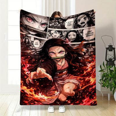 Fiery Combat Scene Featuring a Determined Character with Dynamic Flames. for All Seasons Blanket Lunch Break Throw Gift