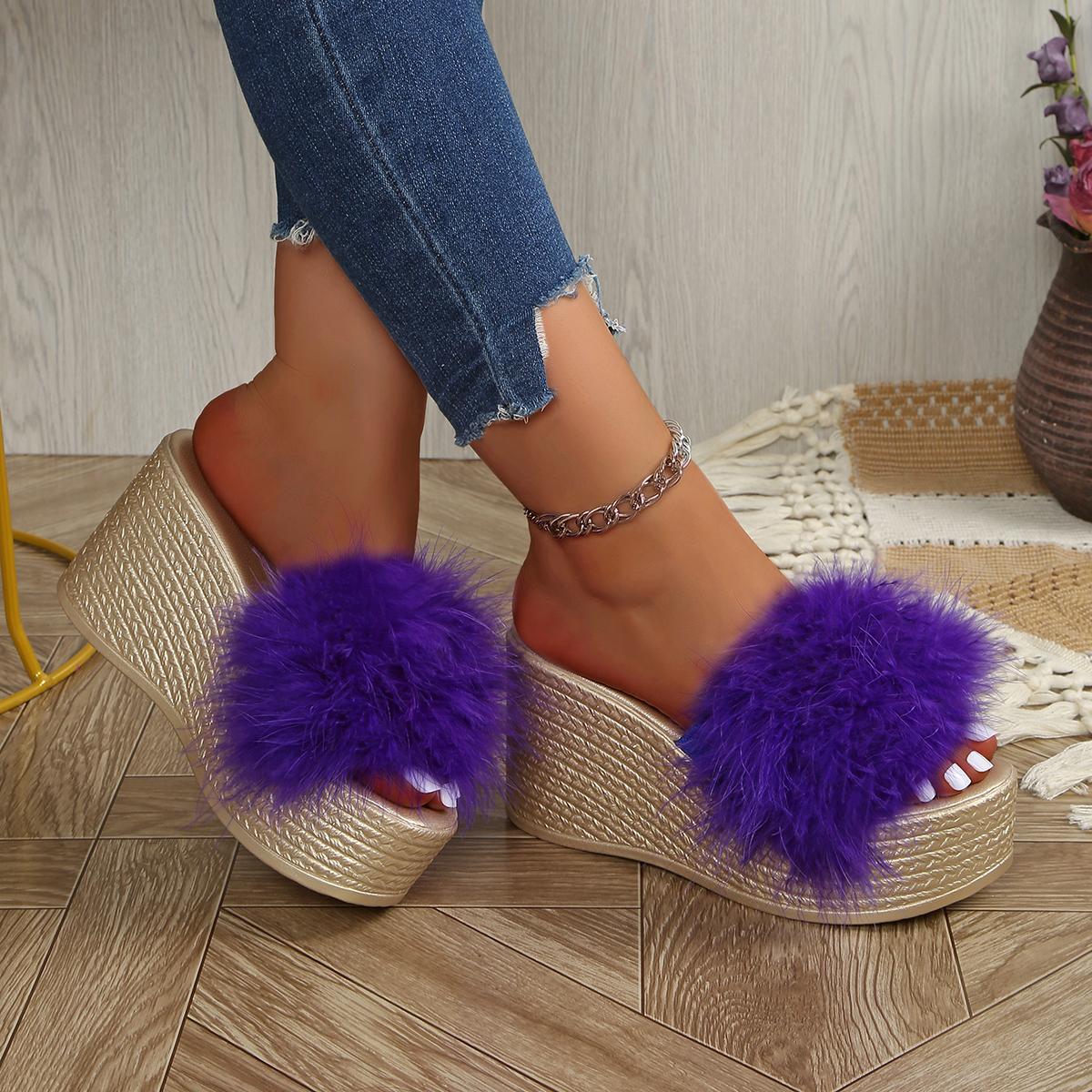 

Fashion Women Sandals Fashion Luxury Fur Platform Sandals Outdoor Faux Fur Furry Sandals Fluffy Thick Sole Summer Wedge Shoes Women 38 фіолетовий