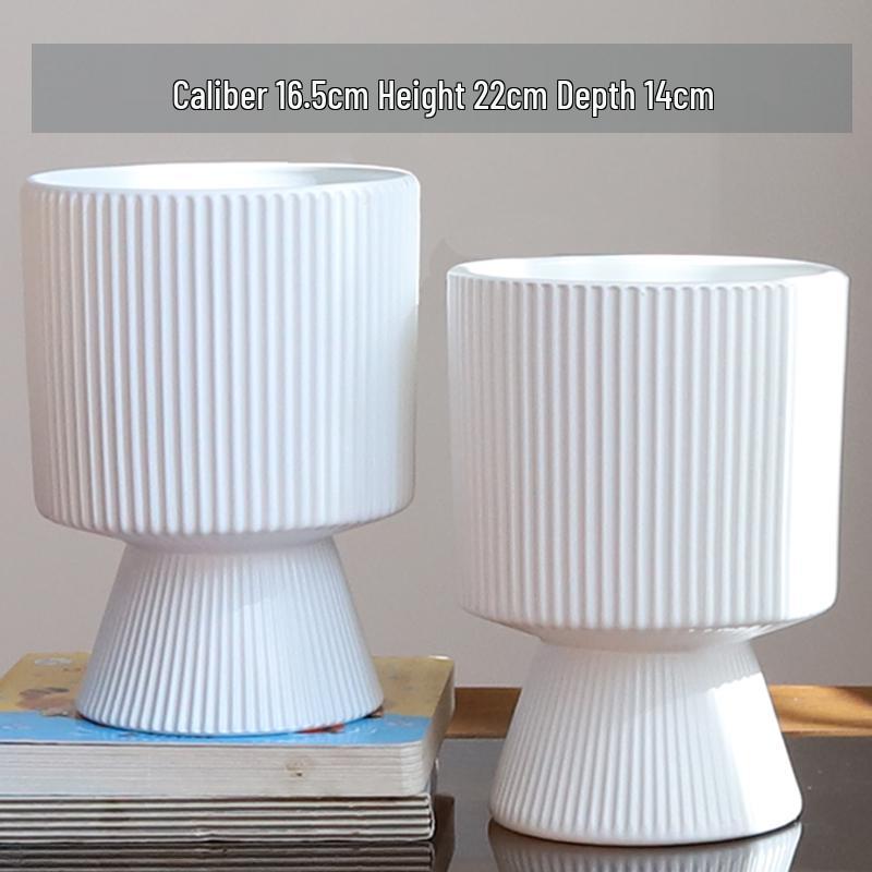Nordic Ceramic Flower Pot with Tray - High-Footed Vertical Stripes for Indoor/ Balcony, Ideal for Pothos and Orchids.
