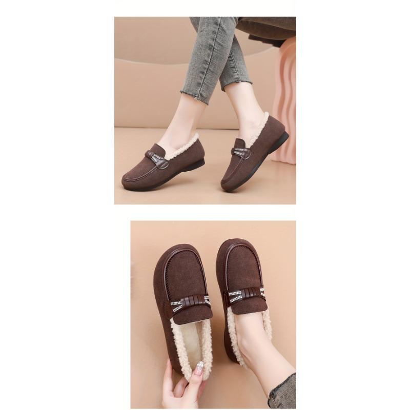 Women's Plush Lined Flat Shoes,Solid Colour Winter Warm Slippers,Warm Outdoor Flat Shoes