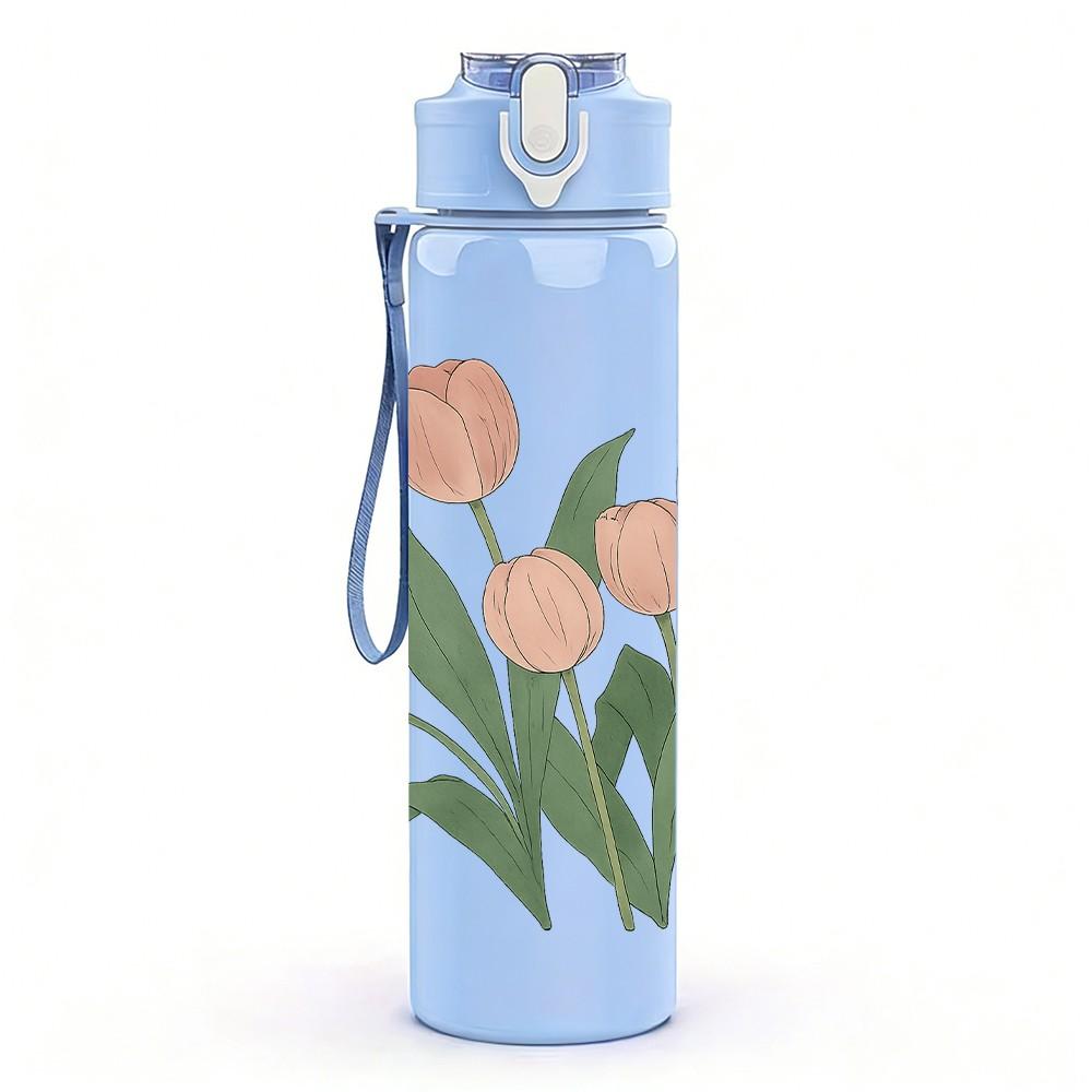 1PC Light Pink Tulip Flower Bouquet 750ml Color Plastic Sports Water Bottle Leakproof Flip Straw Lid For Sports Office Home Use