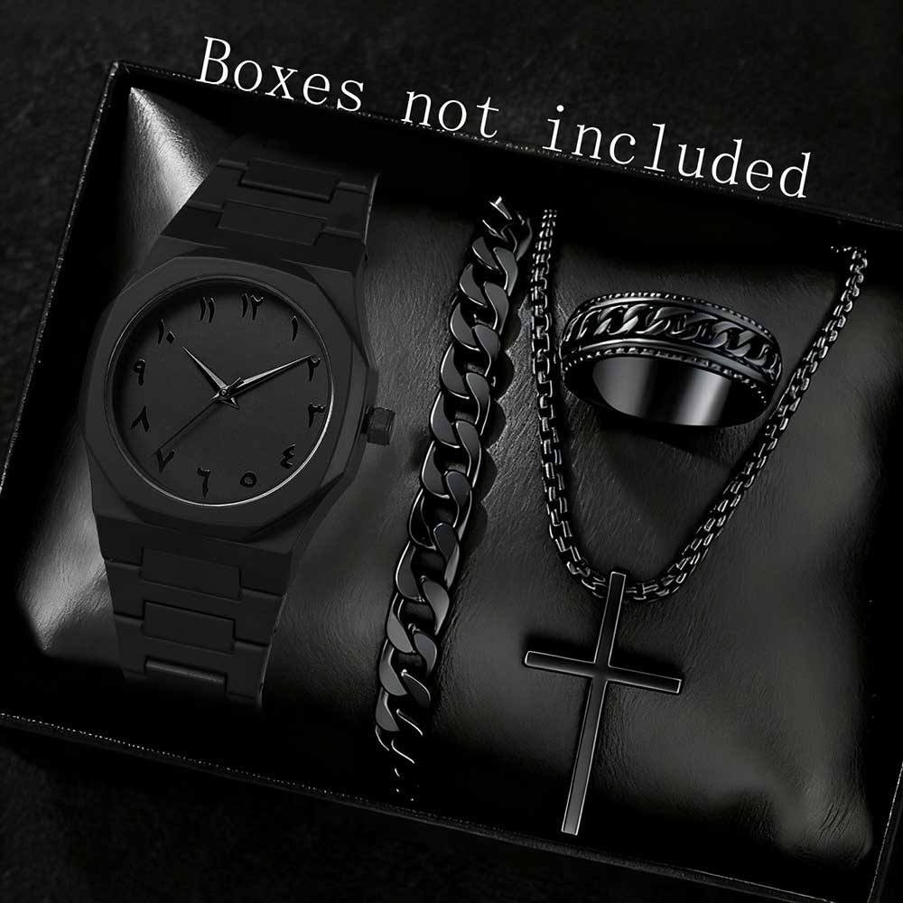 2/4 Stück Schwarzes Herren-Uhren-Set Modetrend Business-Quarz-Uhr Schmuck-Set Geeignet für den täglichen Kleider-Mix Perfektes Geschenk