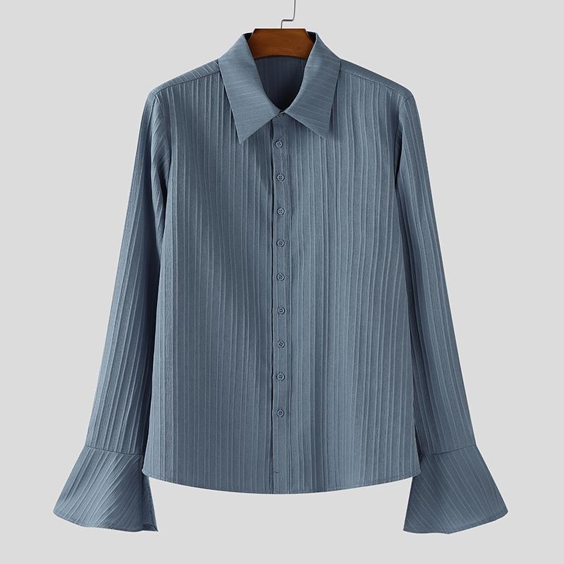 

INCERUN Men Lapel Neck Long Flare Sleeve Buttons Up Texture Casual Shirts 4XL синий