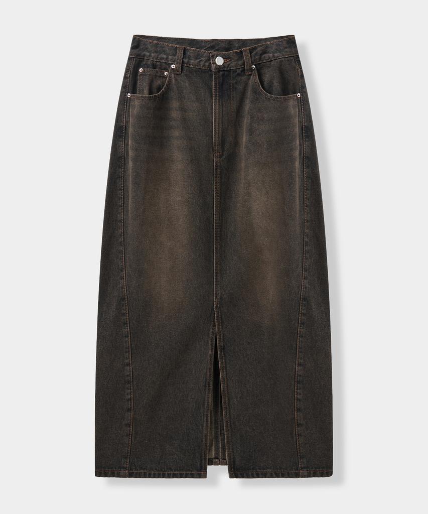 Yujen Slit Washed Denim Long Skirt_Dust Black
