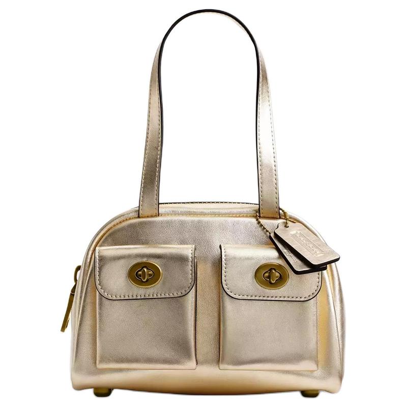 

COACH Twin Turnlock 20 Leather Shoulder Bag Small Women s Light Gold золотий