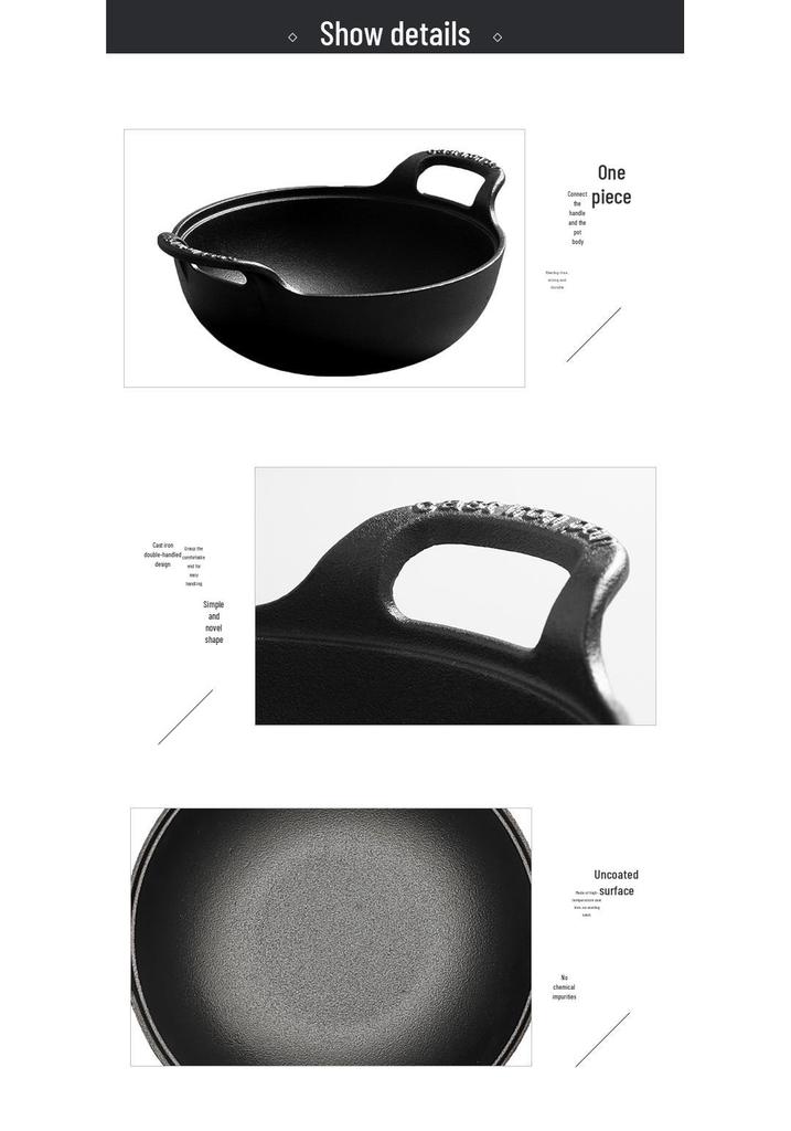 Cast Iron Double Ear Stew & Fry Pan, Non-stick Flat Bottom, Universal for Gas & Induction Cooktops, Large Size.