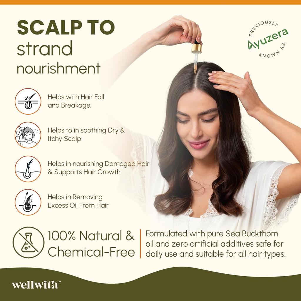 Wellwith (Ayuzera) Sea Buckthorn Berry Oil 10ml Face Hair Serum Nourishing Anti-Aging Omega 3 6 7 9 For Glowing Radiant Skin