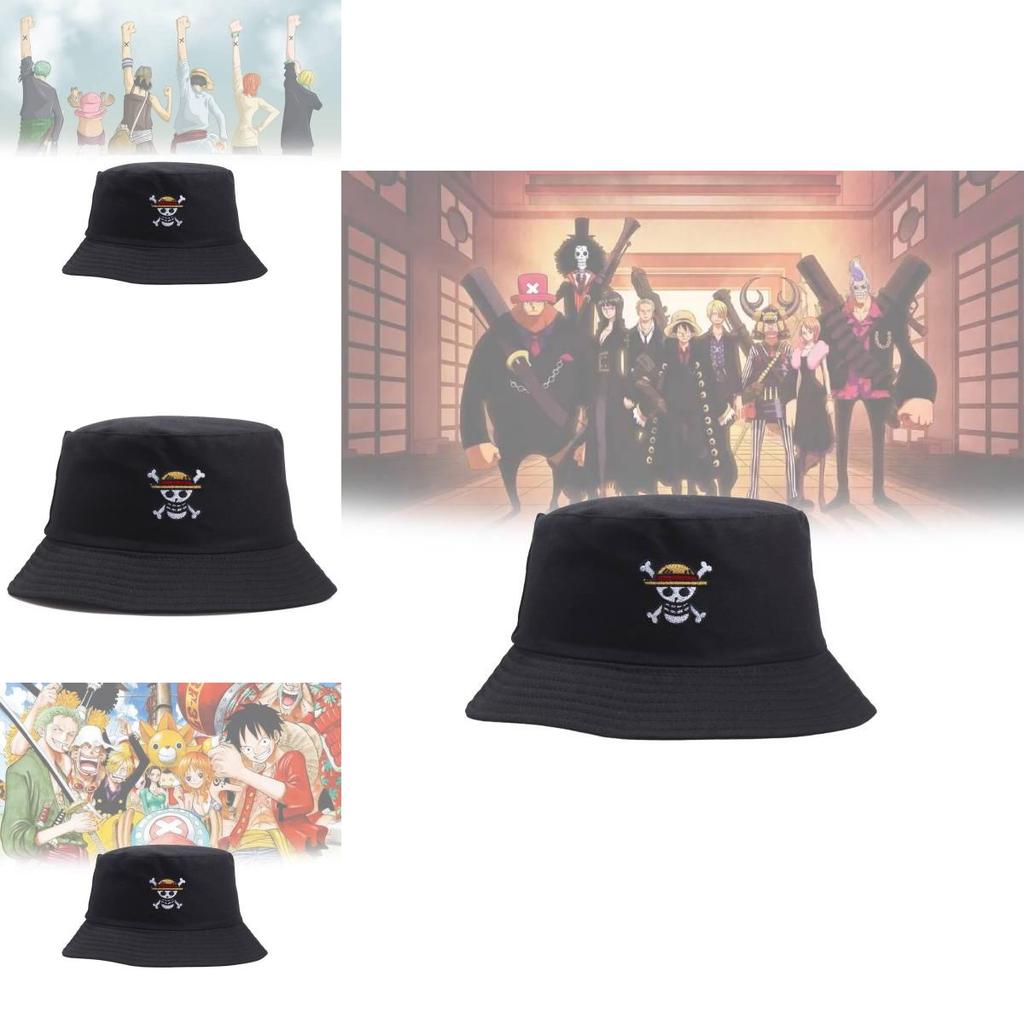 One Piece Skull Embroidered Unisex Fashion Breathable Doublesided Bucket Hat For Summer And Outdoor Activities