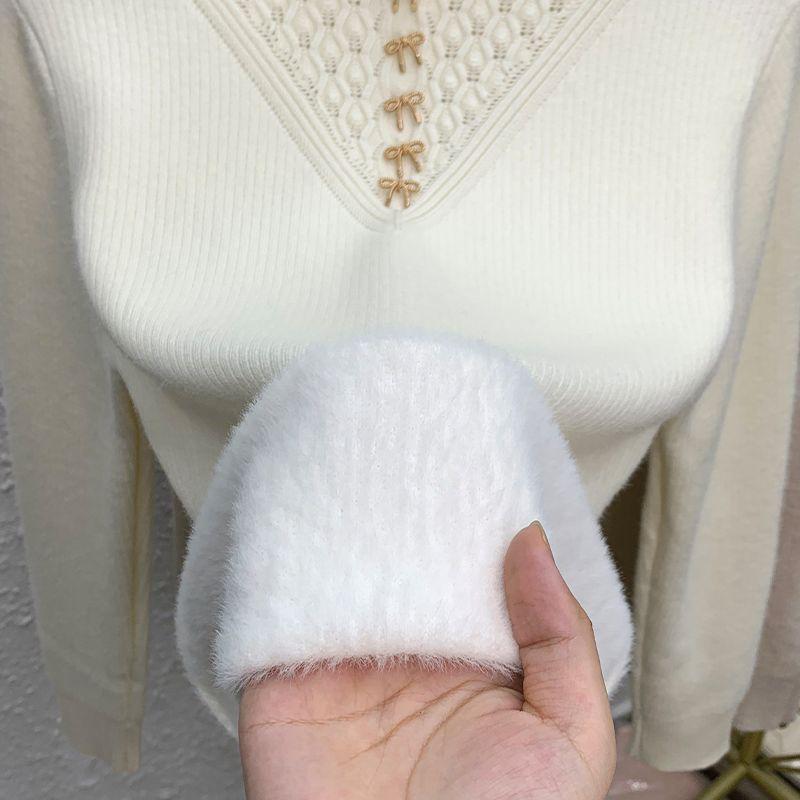 Eldelad fleece-tröja med halvhög krage för dam, fleeceförtjockad pullover, enfärgad långärmad avslappnad stickad tröja för höst och vinter