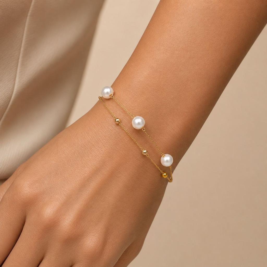 18K Gold Imitation Pearl Bracelet Double-layer Stacked Stainless Steel Clip Gold Bead Chain Simple Thin Chain Jewelry