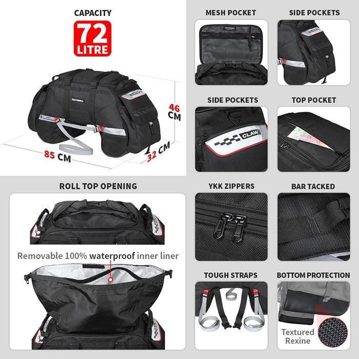 ViaTerra Claw 72L Waterproof Motorcycle Tail Bag Black
