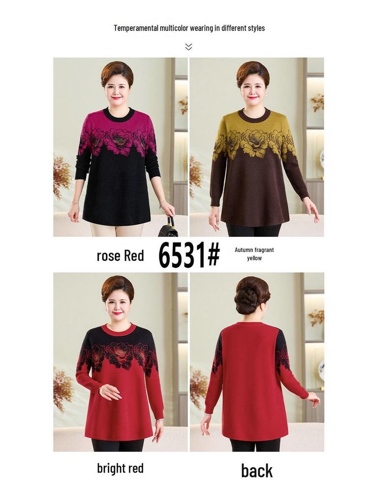 Autumn/Winter Plus Size Wool Pullover for Middle-aged and Elderly Women - Round Neck, Long Sleeve Sweater
