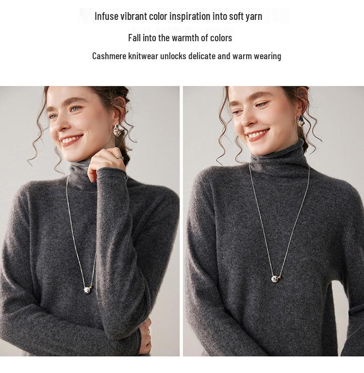 Women's Solid Color Cashmere Knit Sweater with Stacked Collar