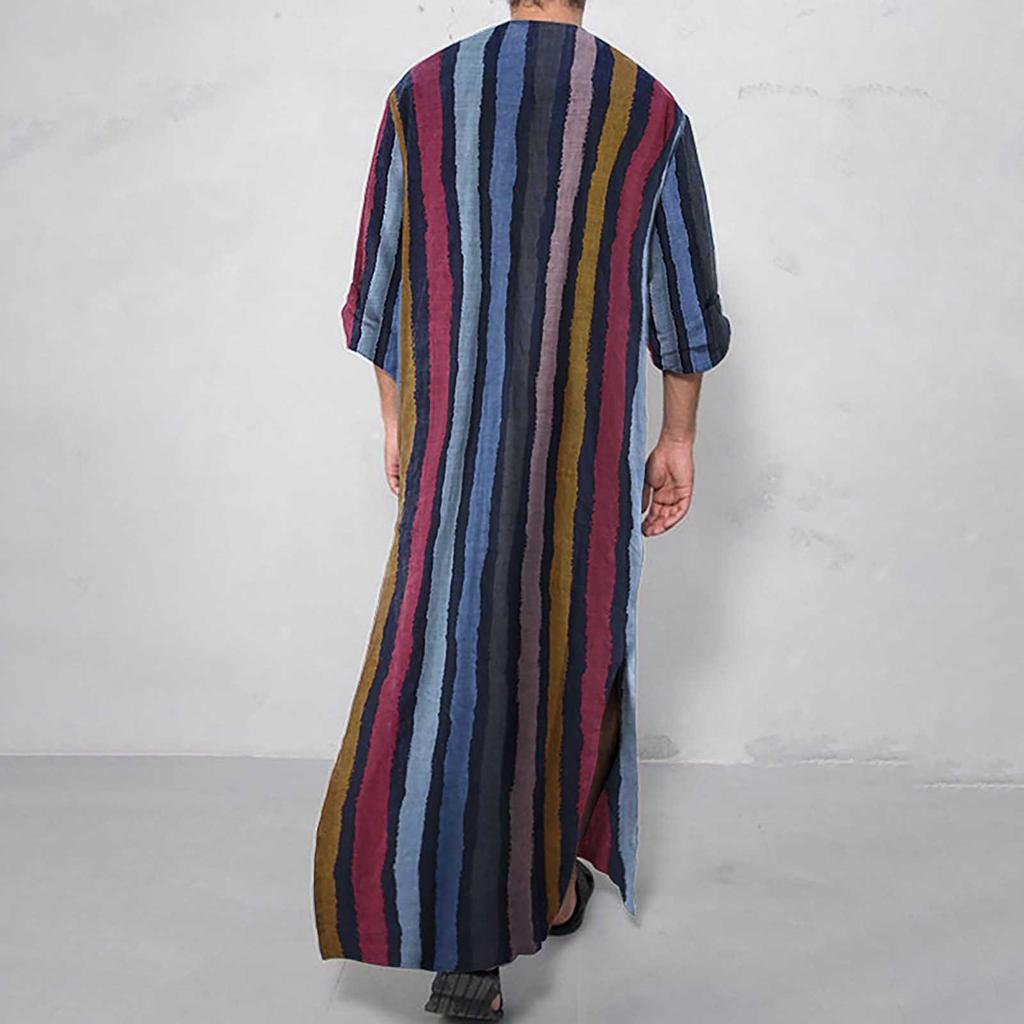 Men's Long Sleeve Arabian Striped Printed Shirt Muslim Men's Robe