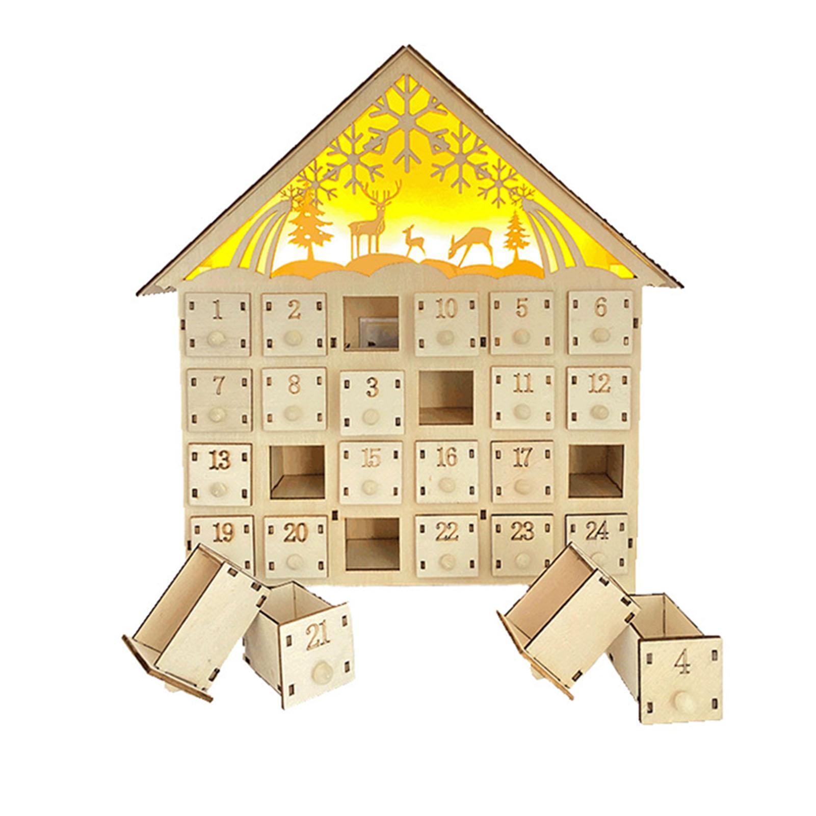 

2025 Creations Wooden Christmas Advent Calendar House Shape Calendar Box Xmas Ornament Countdown to Christmas LED Light Calendar M
