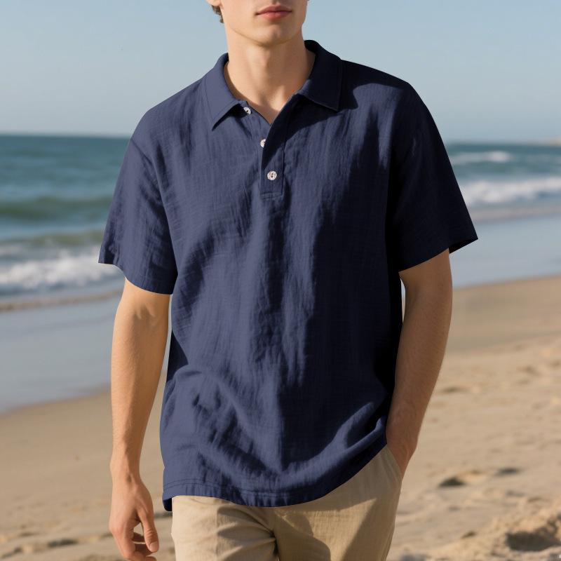 European American Summer Men's Casual Cotton Linen Polo Shirt