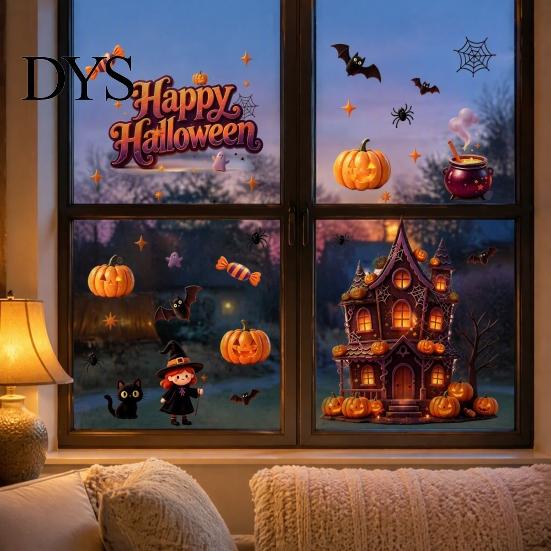 Waterproof PVC Glass Layout Supplies Halloween Static Window Clings, Spooky Haunted House Decals with Pumpkin Outdoor Balcony Scene Setting Props Bat