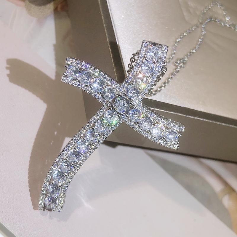 Luxury 925 copper Cross Pendant Statement Necklace With AAAA+ Zircon Long Necklace For Women Man Religious Fashion Jewelry Gift