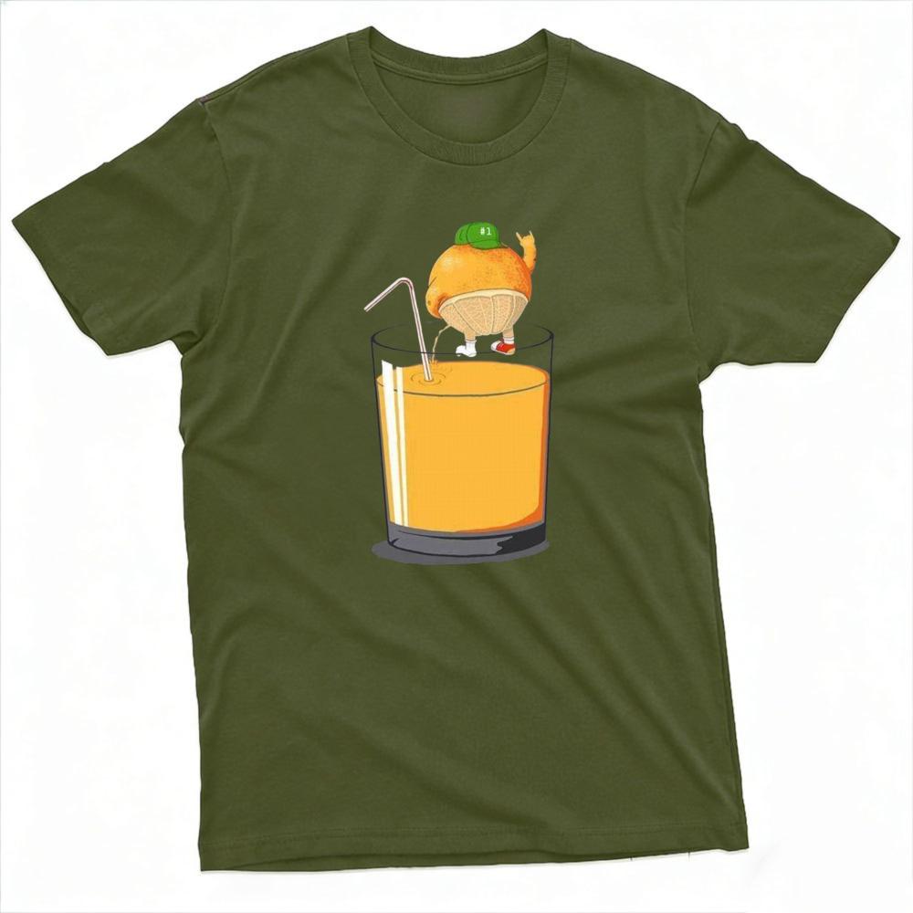 Funny Orange Fruit Drinking Orange Juice Cartoon Art Graphic T Shirt Unisex Casual Daily Wear Summer Short Sleeve Tee Tops
