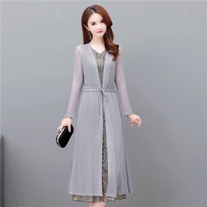 Summer Long Over The Knee Cardigan Women's Plus Size Long Sleeved Solid Color Sunscreen Jacket Slim Lace Waistband Cardigan