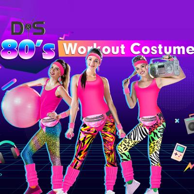 7Pcs/Set Women Retro Tracksuit 1980s Sportswear Fitness Outfit Costume Accessories with Vest Leggings Headband Bracelets Leg Warmers Earrings Belt Bag