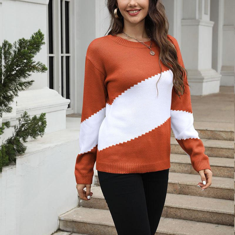 Damen Herbst- und Winter Farbblock Strickpullover mit lockerem Rundhalsausschnitt