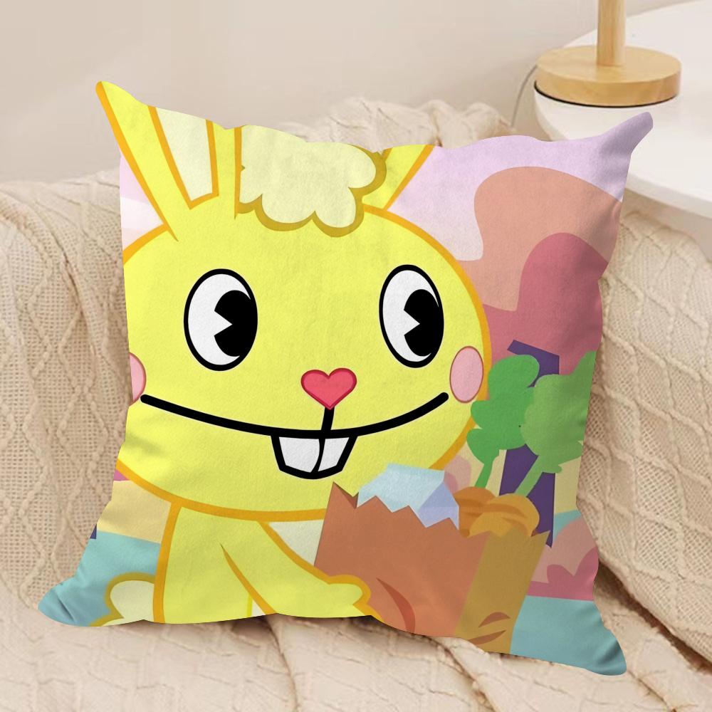 Anime Happy Tree Friends Cushion Cover Silky Short Plush DoubleSided Printed Pillow Case for Sofa All Seasons Home Decor Gift