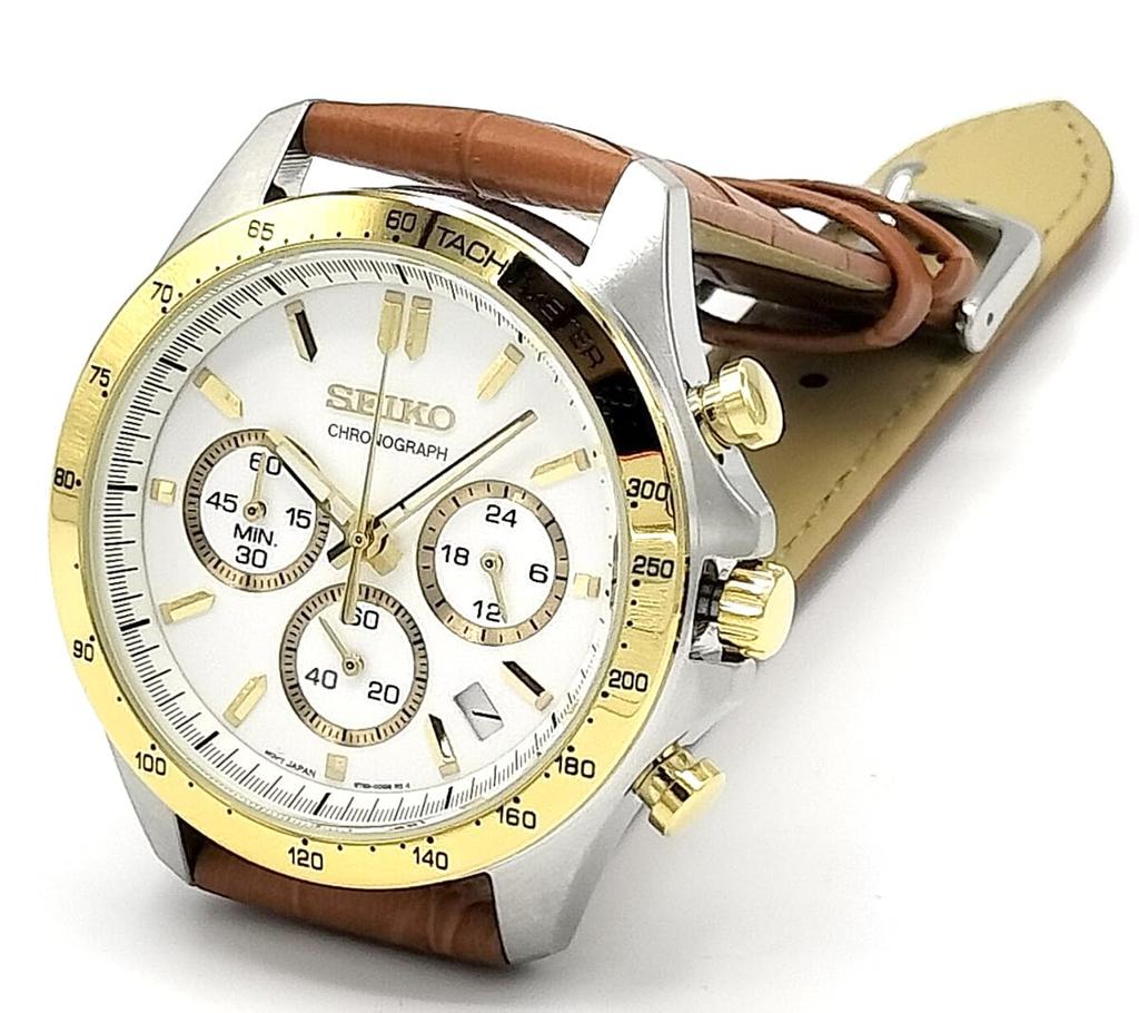 Seiko Chronograph Men's Watch with Genuine Leather Strap Set - White SBTR024/LB