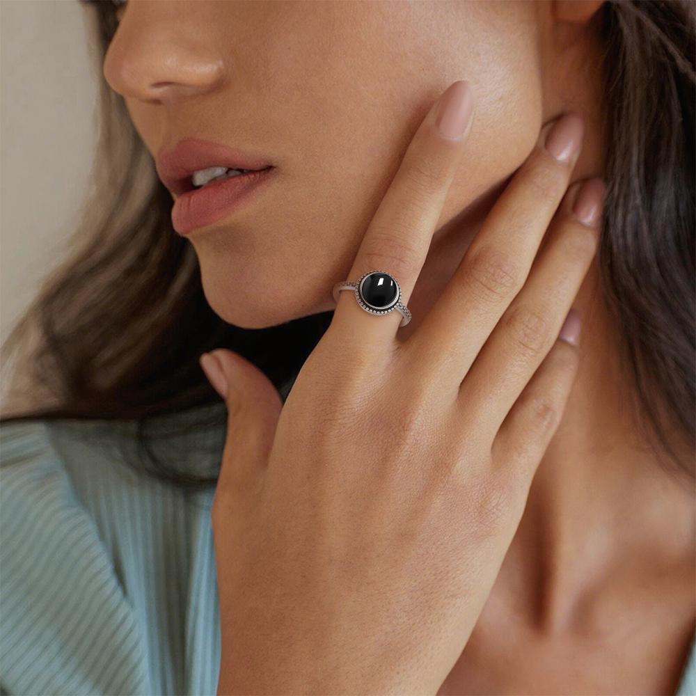 Pierścionek ze srebra sterlingowego z czarnym onykssem Vintage Prosty minimalistyczny styl Okrągły kształt Kamień naturalny Czarny pierścionek Biżuteria dla kobiet