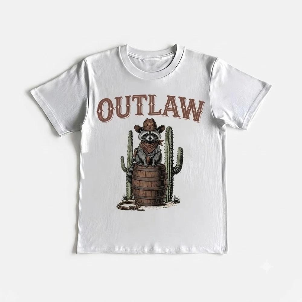 Outlaw Raccoon Western Cowboy White TShirt S