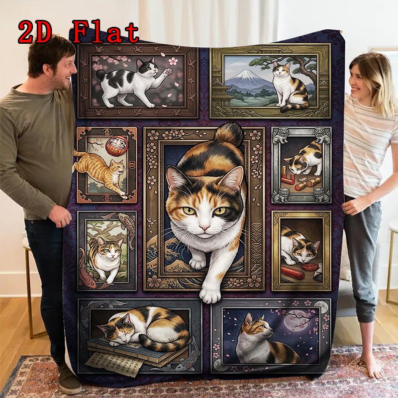 Japanese Cat Portraits 2D Flat Pattern Flannel Blanket, High quality All Seasons, Home Decor, Warmth and Comfort, Perfect for Christmas Gifts.