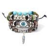 Ethnic Alloy Feather Pendant Cowhide Beaded Woven Bracelet