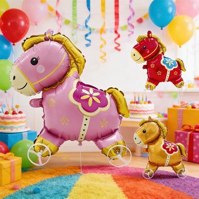 Jumbo Horse Balloon with Wheels 4D Cartoon Foil Balloon On Rolling Stand Eye-Catching Centerpiece for Birthday & Celebrations