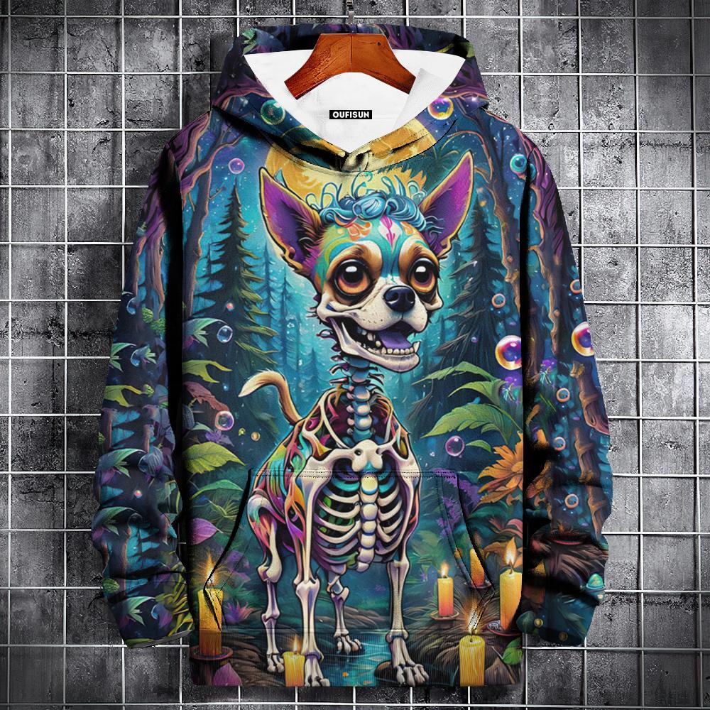 Herren Kapuzenpullover mit 3D-Totenkopf-Print, Kapuzenpullover, modische Straßenkleidung zum Tag der Toten, langärmeliges Oberteil, übergroßer Pullover