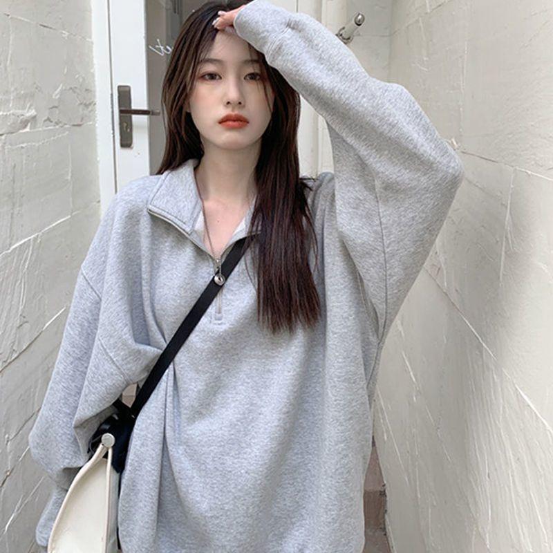 Half Zipper Stand Collar Sweatshirt Women Loose Long Sleeve Hoodie Autumn Winter Solid Color Casual Sport Pullover
