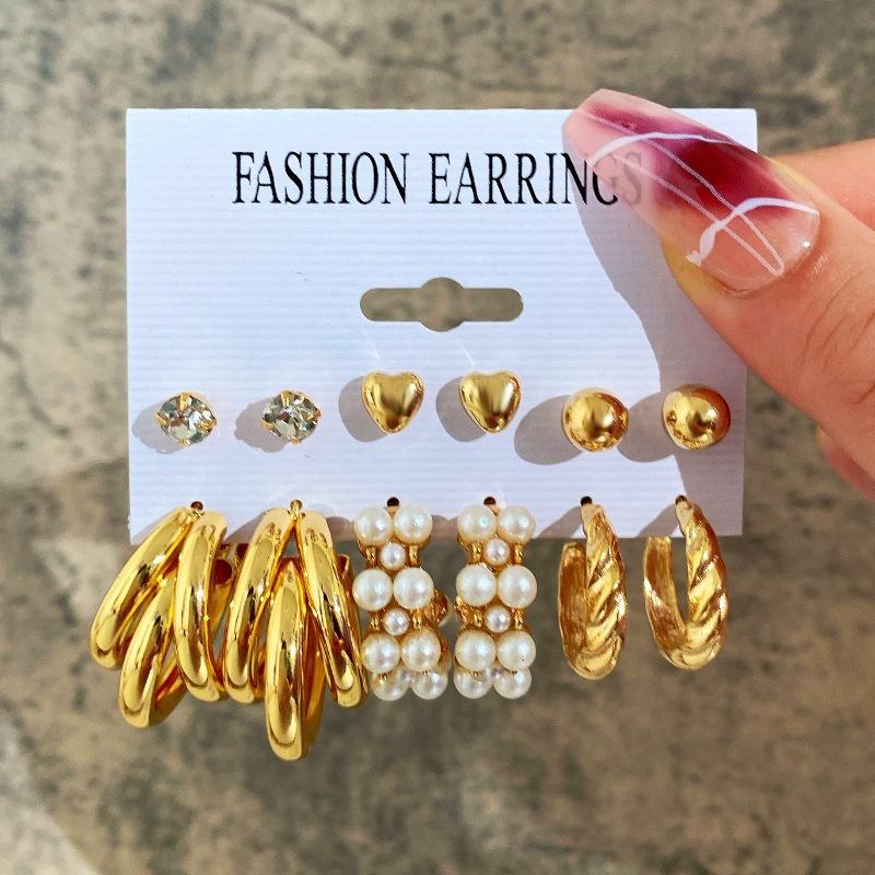 European and American style metal earrings square geometric earrings retro imitation pearl earrings Hepburn style earrings set
