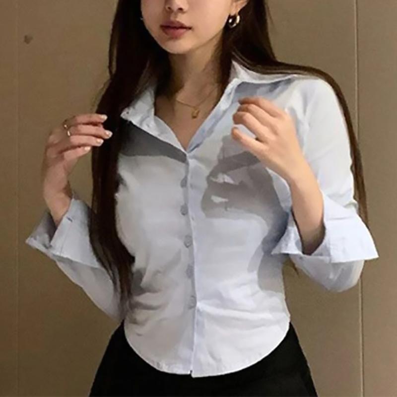 Koreansk Hvit Kontordame Chiffonskjorte Lomme Knapper Revers Damebluse Vår Pendler Langermet Ny Kvinne Crop Topper