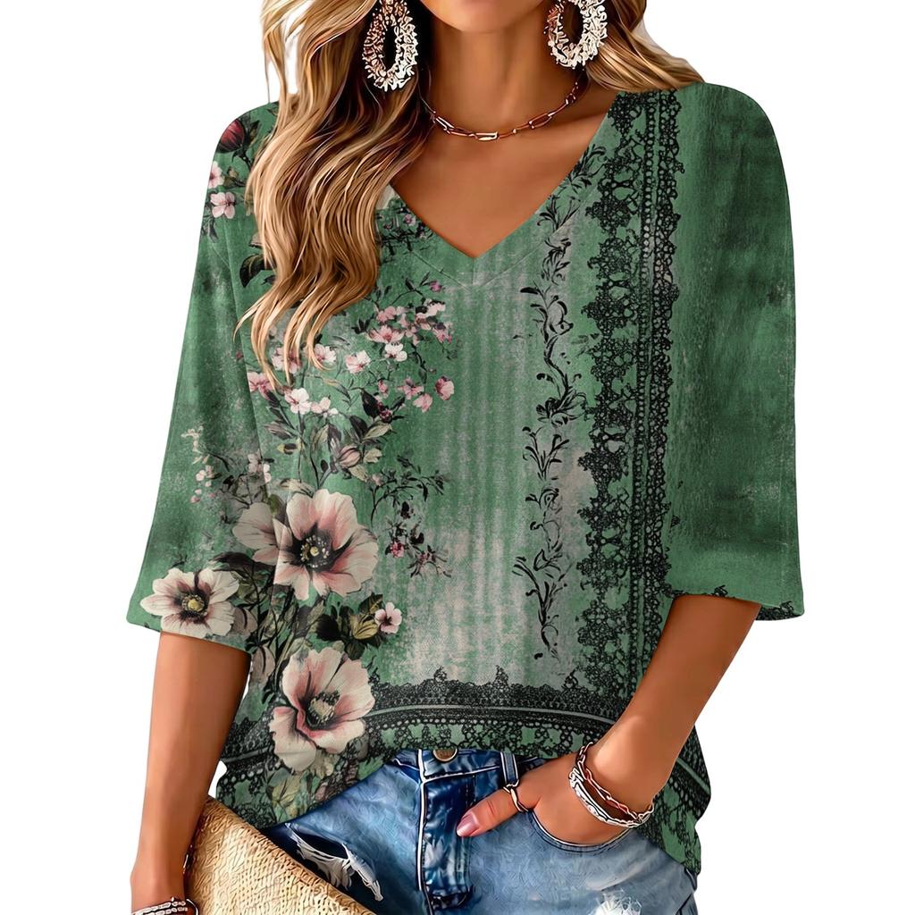 Women's Floral Print V-Neck Blouse Lightweight for Spring and Summer